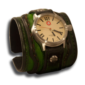 Green Stressed Layered Leather Cuff Watch with 42mm-Leather Cuff Watches-Rockstar Leatherworks™