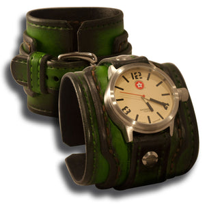 Green Stressed Layered Leather Cuff Watch with 42mm-Leather Cuff Watches-Rockstar Leatherworks™