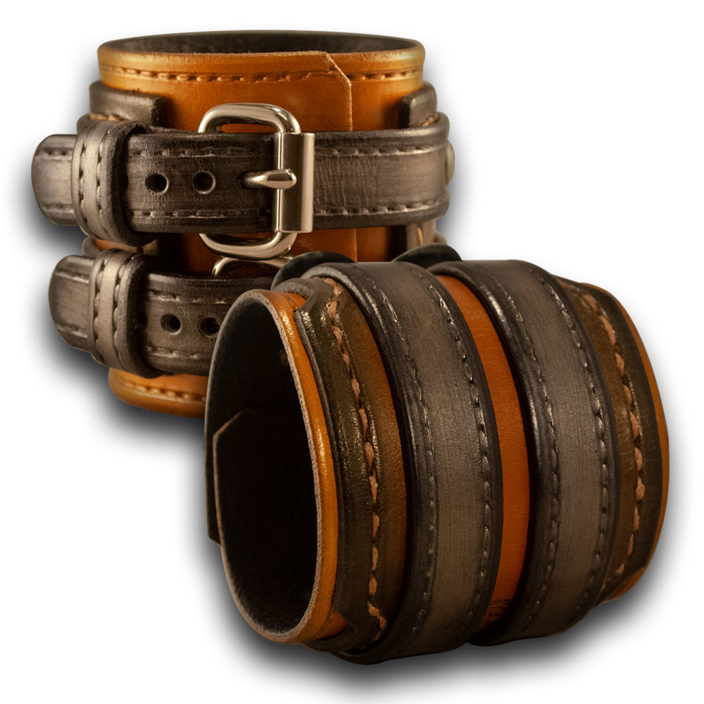 Gold & Silver Drake Layered Leather Double Strap Double Buckle Cuff-Leather Cuffs & Wristbands-Rockstar Leatherworks™