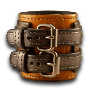 Gold & Silver Layered Leather Double Strap Double Buckle Cuff-Leather Cuffs & Wristbands-Rockstar Leatherworks™