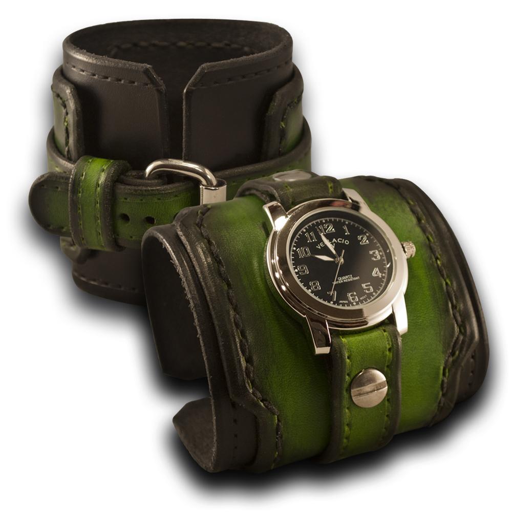 Black & Green Layered Rockstar Drake Leather Cuff Watch-Leather Cuff Watches-Rockstar Leatherworks™