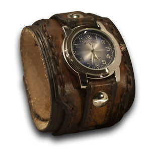 Brown Layered Leather Cuff Watch with Stitching & Skull Snap-Leather Cuff Watches-Rockstar Leatherworks™