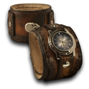 Brown Drake Layered Leather Cuff Watch Stitched with Skull Snap-Leather Cuff Watches-Rockstar Leatherworks™