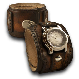 Brown Drake Layered Leather Cuff Watch Stitched with Skull Snap-Leather Cuff Watches-Rockstar Leatherworks™