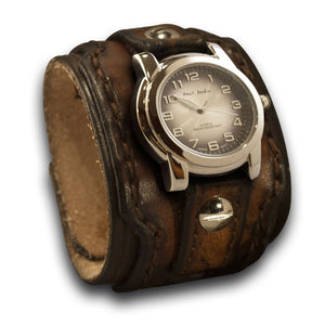Brown Layered Leather Cuff Watch with Stitching & Skull Snap-Leather Cuff Watches-Rockstar Leatherworks™