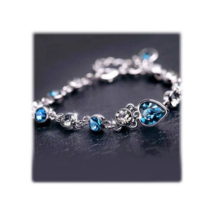 Silver Faux Sapphire/Diamond Crystal Heart Chain Bangle Bracelet-Bracelet-Rockstar Leatherworks™
