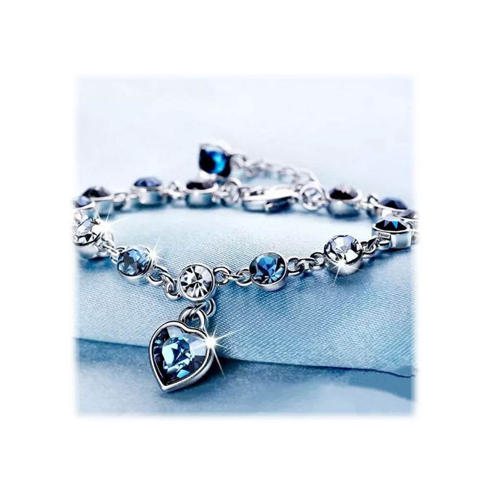 Silver Faux Sapphire/Diamond Crystal Heart Chain Bangle Bracelet-Bracelet-Rockstar Leatherworks™