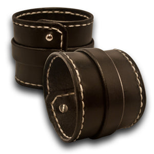 Black Double Strap Leather Cuff Wristband with Studs & Stitching-Leather Cuffs & Wristbands-Rockstar Leatherworks™