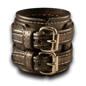 Silver Layered Leather Double Buckle Double Strap Cuff Wristband-Leather Cuffs & Wristbands-Rockstar Leatherworks™