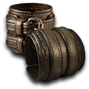 Silver Layered Leather Double Buckle Double Strap Cuff Wristband-Leather Cuffs & Wristbands-Rockstar Leatherworks™