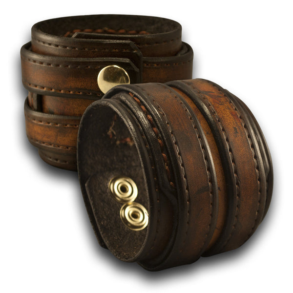 Leather Double Strap Cuff Wristband with Layered & Stitched Cuff