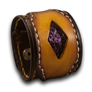 Purple & Yellow Leather Cuff Wristband w/ Purple Inlay & Snaps-Leather Cuffs & Wristbands-Rockstar Leatherworks™