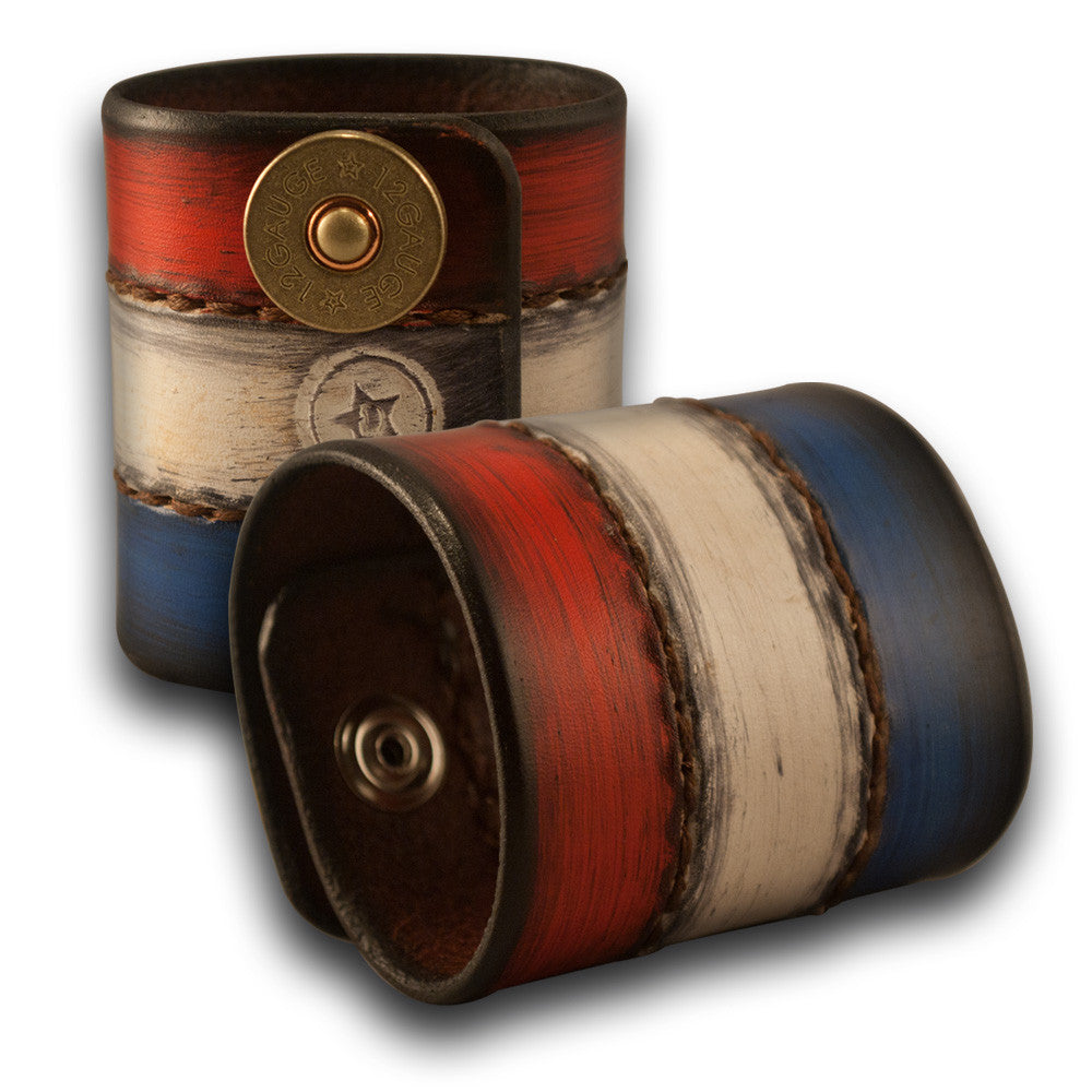Red, White & Blue Leather Cuff Wristband w/ Shotgun Shell Snaps-Leather Cuffs & Wristbands-Rockstar Leatherworks™