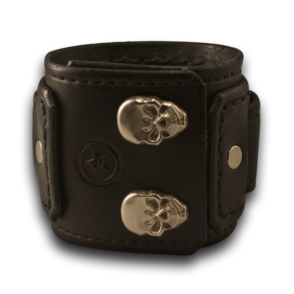 Black Layered Leather Cuff Watch Band with Skull Snaps-Custom Handmade Leather Watch Bands-Rockstar Leatherworks™