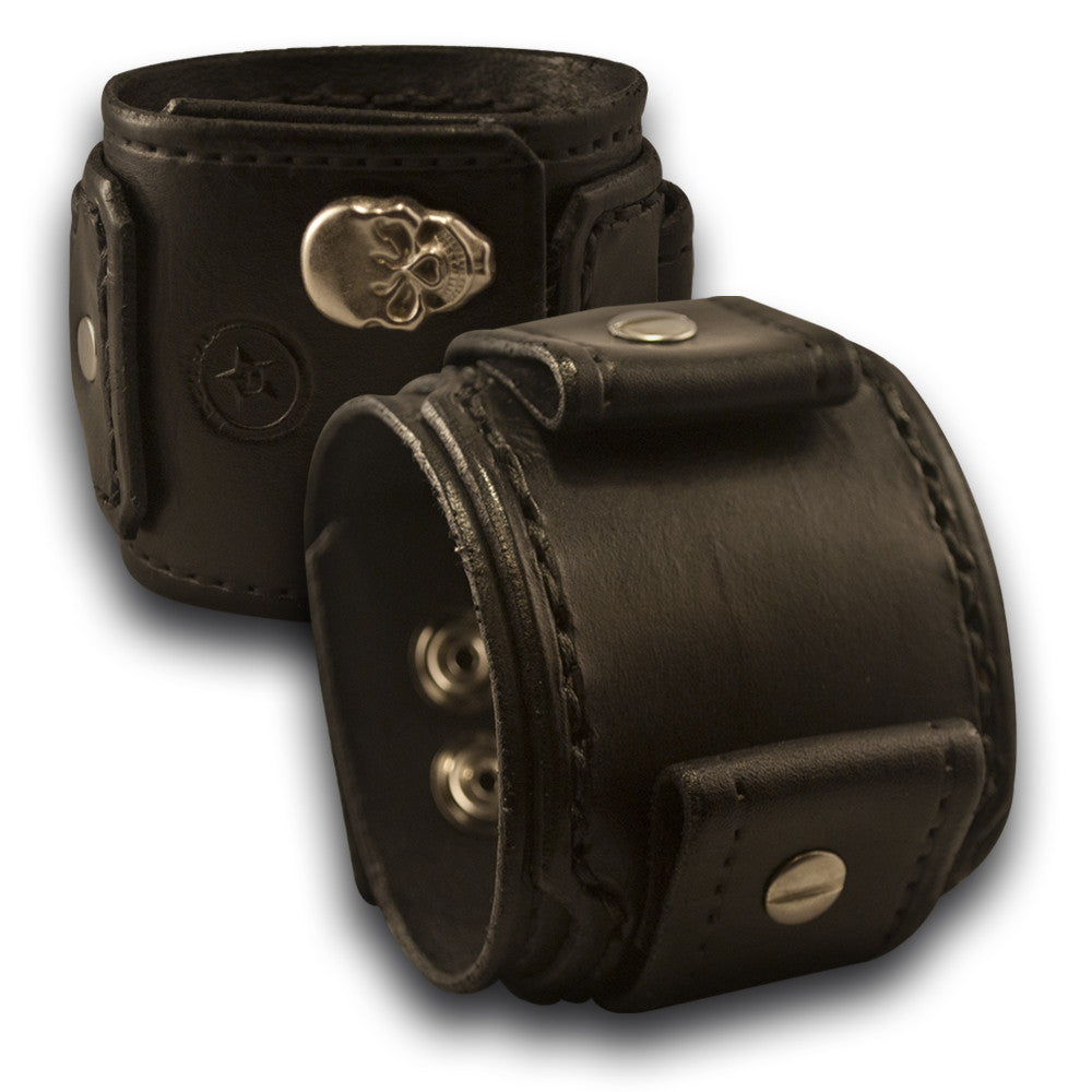 Black Layered Leather Cuff Watch Band with Skull Snaps-Custom Handmade Leather Watch Bands-Rockstar Leatherworks™