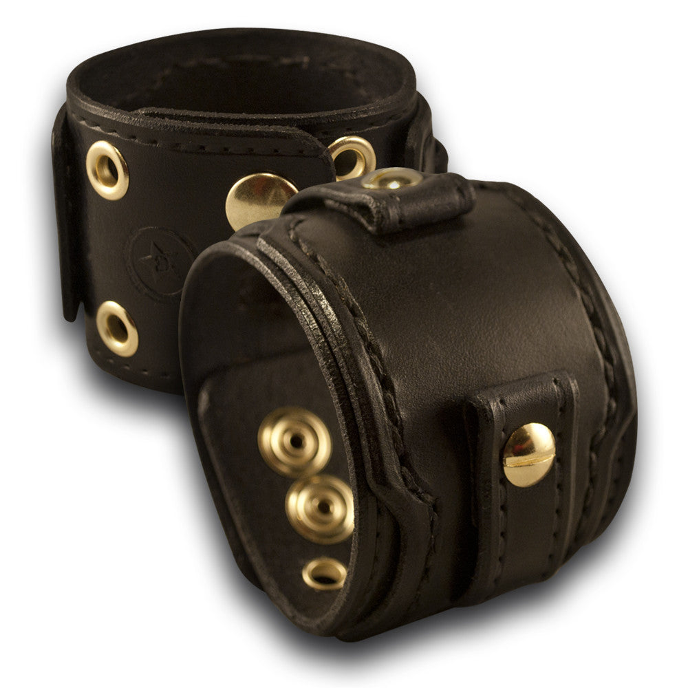 Black Layered Leather Cuff Watch Band with Eyelets & Snaps-Custom Handmade Leather Watch Bands-Rockstar Leatherworks™