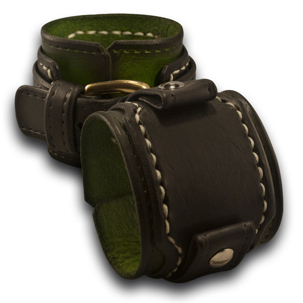 Green & Black Layered Leather Cuff Watch Band with Stitching-Custom Handmade Leather Watch Bands-Rockstar Leatherworks™