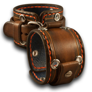 Brown Stressed Leather Cuff Watch Band with Stitching & Eyelets-Custom Handmade Leather Watch Bands-Rockstar Leatherworks™