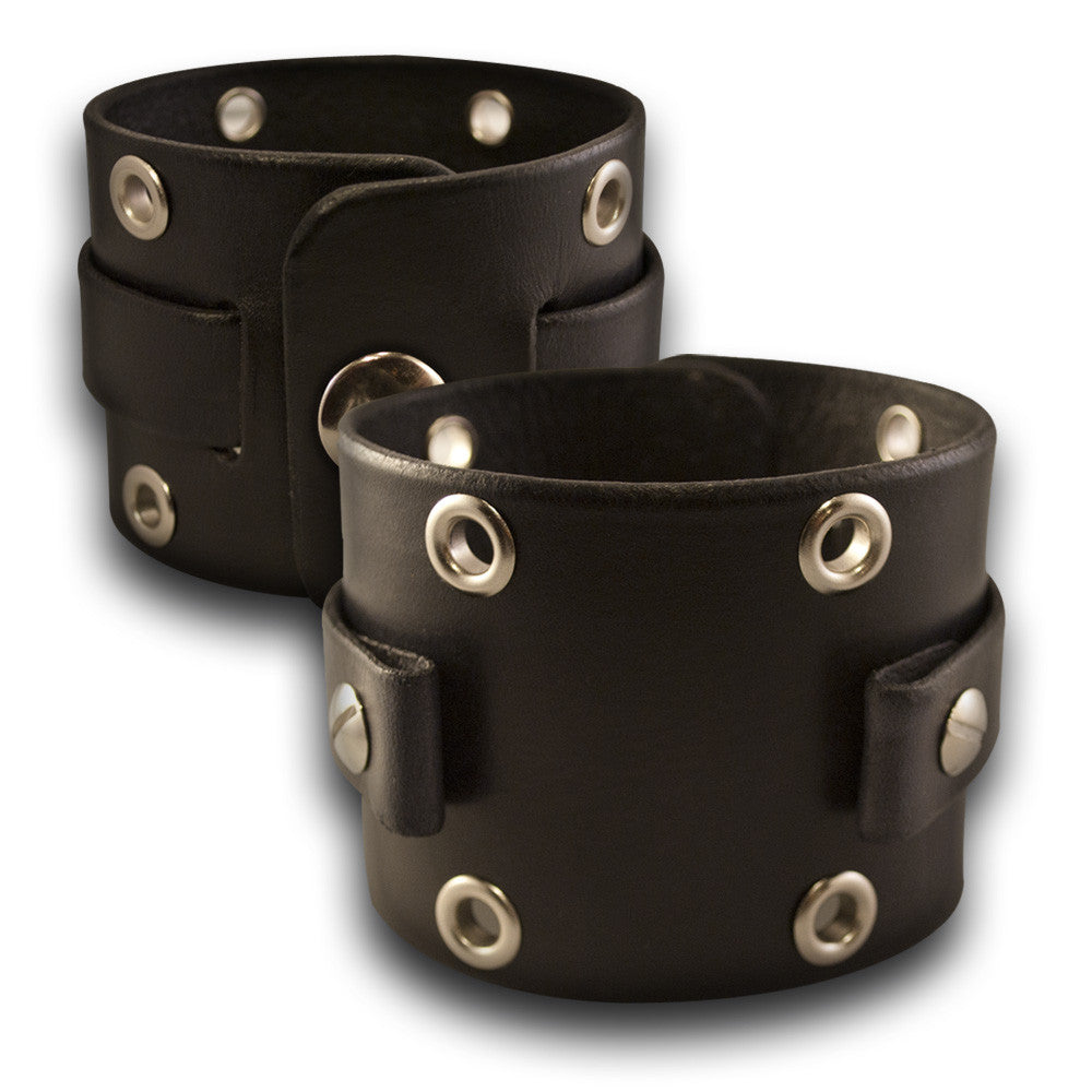 Black Leather Cuff Watch Band with Eyelets by Rockstar