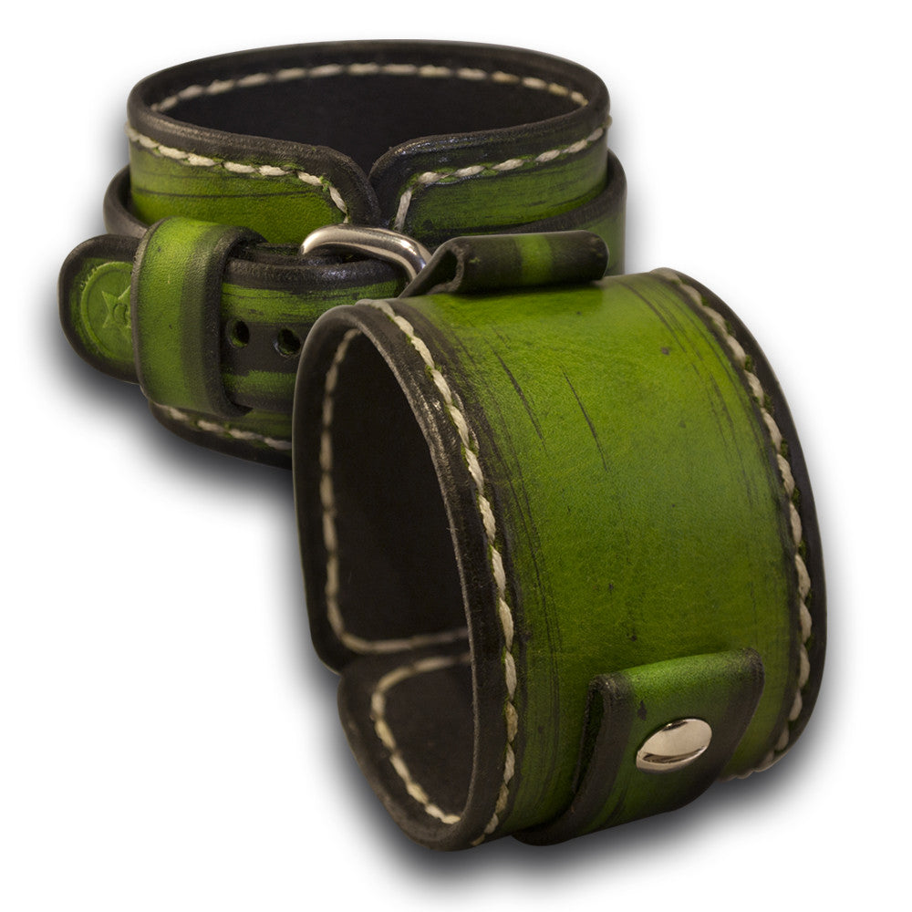 Forest Green Leather Cuff Watch Band with White Stitching-Custom Handmade Leather Watch Bands-Rockstar Leatherworks™