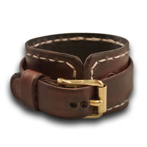 Mahogany Leather Cuff Watch Band w/ Stitching & Brass Buckle-Custom Handmade Leather Watch Bands-Rockstar Leatherworks™