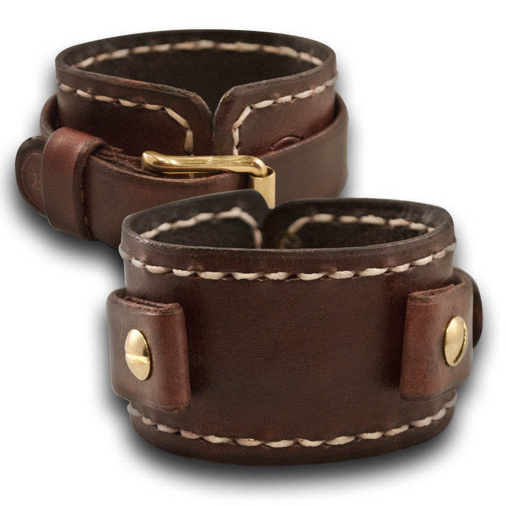 Mahogany Leather Cuff Watch Band w/ Stitching & Brass Buckle-Custom Handmade Leather Watch Bands-Rockstar Leatherworks™
