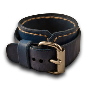 Navy Blue Leather Cuff Watch Band with Beige Stitching-Custom Handmade Leather Watch Bands-Rockstar Leatherworks™