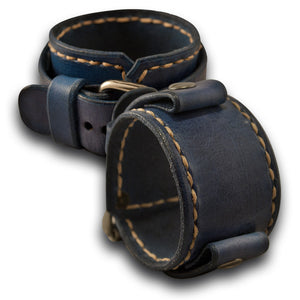 Navy Blue Leather Cuff Watch Band with Beige Stitching-Custom Handmade Leather Watch Bands-Rockstar Leatherworks™