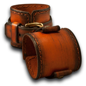Orange & Tan Stressed Leather Cuff Watch Band with Stitching-Custom Handmade Leather Watch Bands-Rockstar Leatherworks™