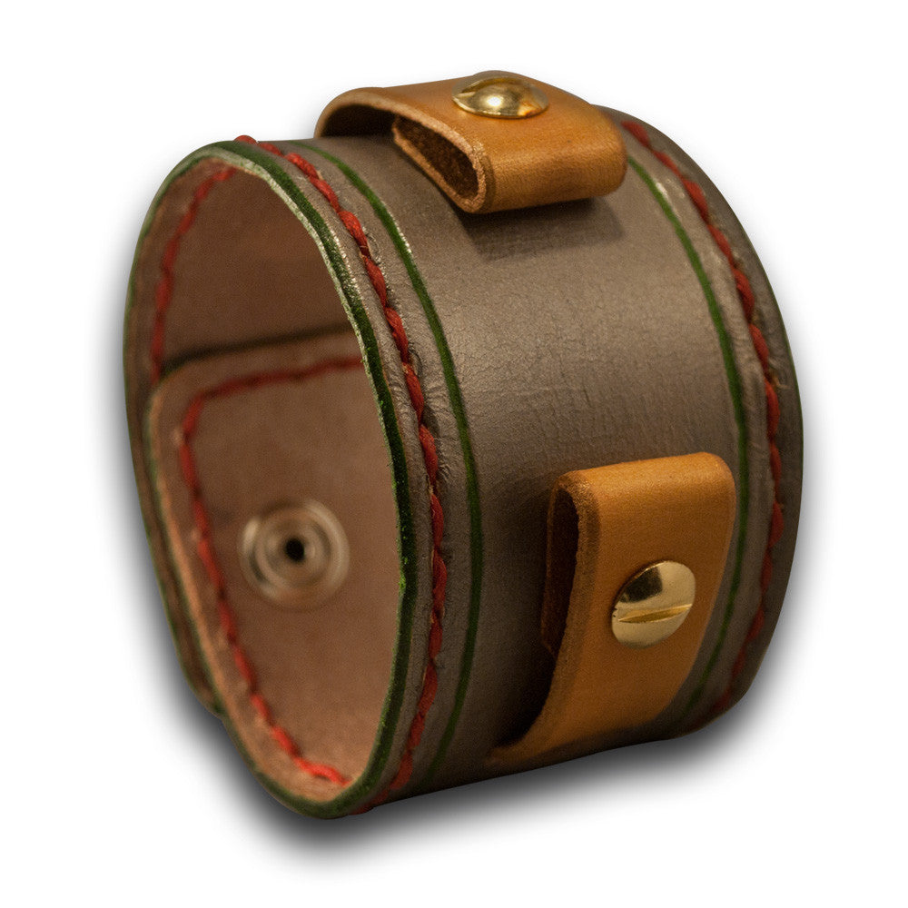 Silver & Gold Leather Cuff Watch Band with Stitching & Snaps-Custom Handmade Leather Watch Bands-Rockstar Leatherworks™