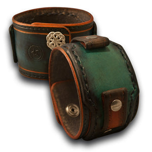 Blue, Turquoise & Orange Leather Cuff Watch Band w/ Celtic Snaps-Custom Handmade Leather Watch Bands-Rockstar Leatherworks™