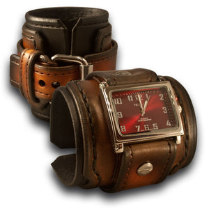 Black & Tan Stressed Layered Leather Cuff Watch with Stitching-Leather Cuff Watches-Rockstar Leatherworks™