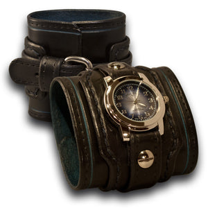 Black & Blue Drake Leather Cuff Watch Layered & Stitched Cuff-Leather Cuff Watches-Rockstar Leatherworks™