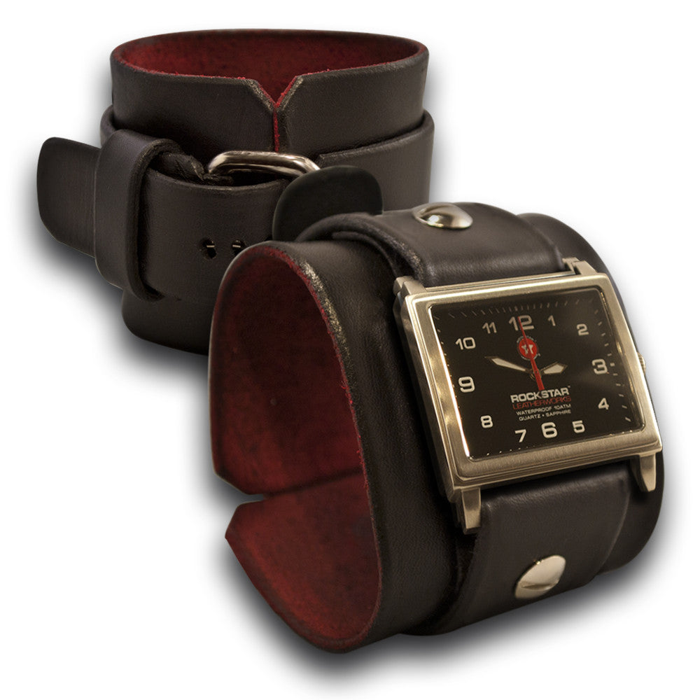 Black Rockstar Leather Cuff Watch - Stainless, Sapphire, 10ATM-Leather Cuff Watches-Rockstar Leatherworks™