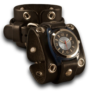 Wide Black Leather Cuff Watch with Stainless Eyelets & Buckle-Leather Cuff Watches-Rockstar Leatherworks™