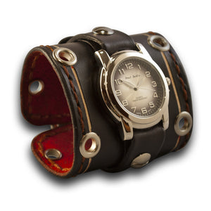 Wide Black Leather Cuff Watch with Stainless Eyelets & Stitching-Leather Cuff Watches-Rockstar Leatherworks™