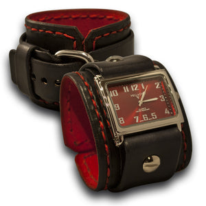 Black Rockstar Leather Cuff Watch with Red Hand Stitching-Leather Cuff Watches-Rockstar Leatherworks™