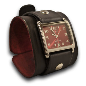 Black Leather Cuff Watch with Red Watch Face & Stainless Buckle-Leather Cuff Watches-Rockstar Leatherworks™