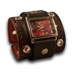 Black & Red Leather Cuff Watch with Stitching, Eyelets & Etching-Leather Cuff Watches-Rockstar Leatherworks™