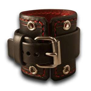 Black & Red Leather Cuff Watch with Stitching, Eyelets & Etching-Leather Cuff Watches-Rockstar Leatherworks™