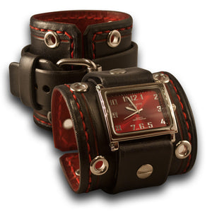 Black & Red Leather Cuff Watch with Stitching, Eyelets & Etching-Leather Cuff Watches-Rockstar Leatherworks™