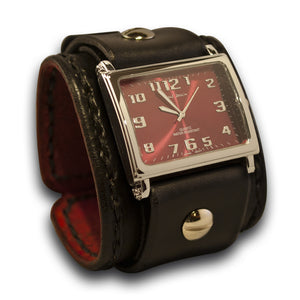 Black Leather Cuff Watch with Red Watch Face & Black Stitching-Leather Cuff Watches-Rockstar Leatherworks™