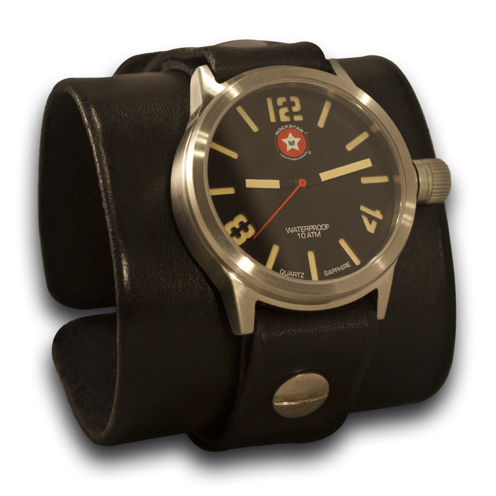 Black Leather Cuff Watch - Stainless 42mm, Sapphire, 10ATM - Rockstar ...
