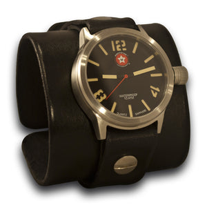 Black Leather Cuff Watch - Stainless 42mm, Sapphire, 10ATM-Leather Cuff Watches-Rockstar Leatherworks™
