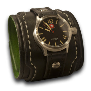 Black Drake Leather Cuff Watch w/ 42mm Stainless & Skull Snap-Leather Cuff Watches-Rockstar Leatherworks™