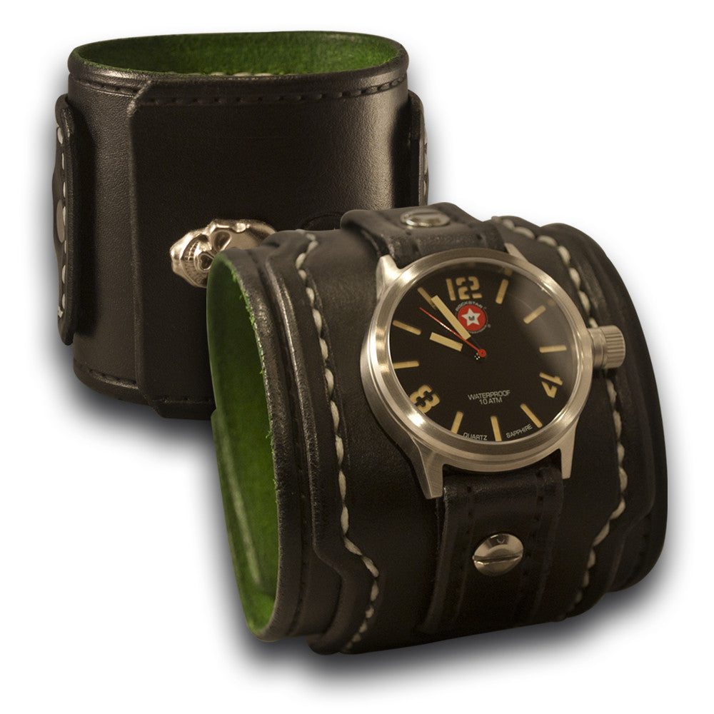 Black Layered Leather Cuff Watch with 42mm & Skull Snap-Leather Cuff Watches-Rockstar Leatherworks™