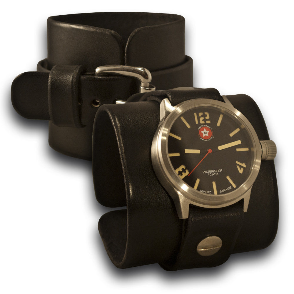 Black Leather Cuff Watch - Stainless 42mm, Sapphire, 10ATM-Leather Cuff Watches-Rockstar Leatherworks™