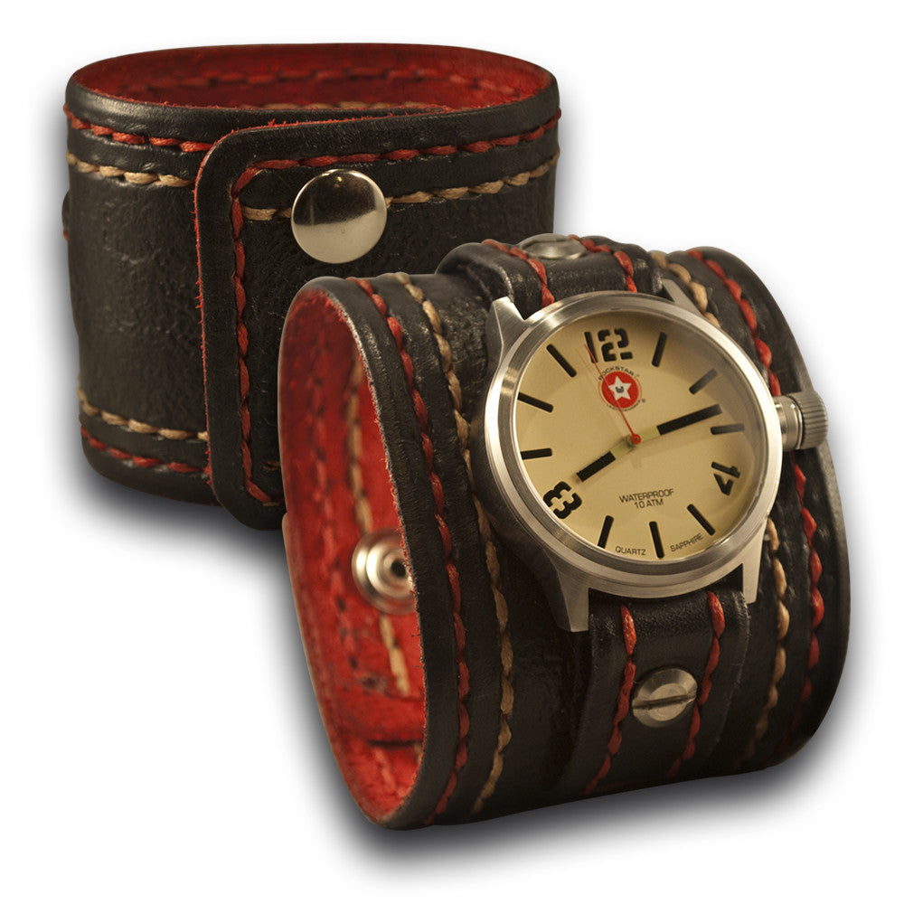 Black Leather Cuff Watch Stitched 42mm Stainless Sapphire 10 ATM-Leather Cuff Watches-Rockstar Leatherworks™