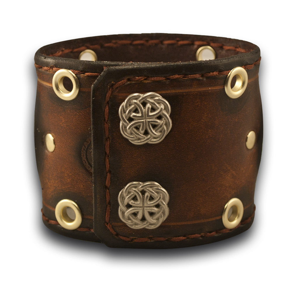 Brown Leather Cuff Watch with Eyelets, Etching & Celtic Snaps-Leather Cuff Watches-Rockstar Leatherworks™