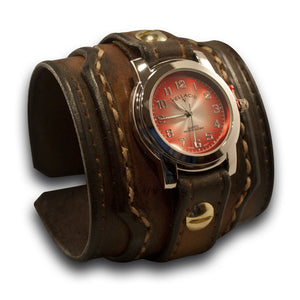 Brown Stressed Layered Leather Cuff Watch with Stitching-Leather Cuff Watches-Rockstar Leatherworks™